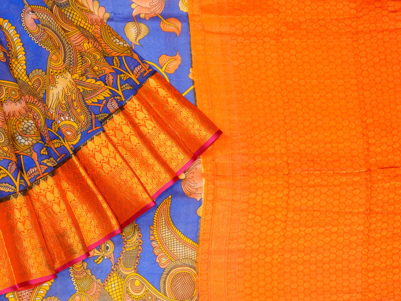 Blue & Orange Pure Soft Silk Saree