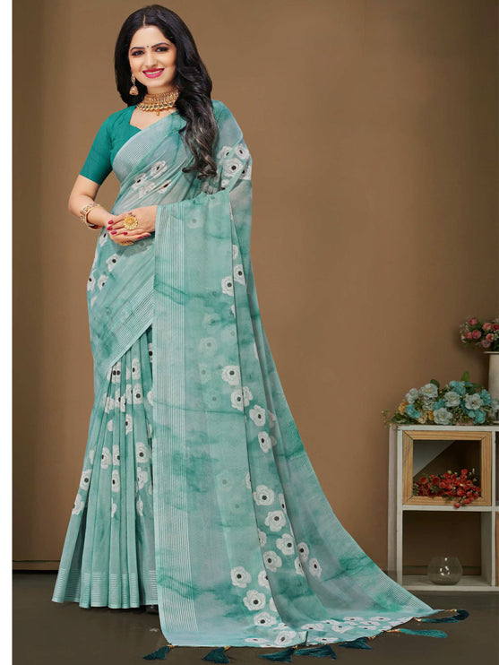 Mint Green Georgette Saree With Allover Rose Flower Print