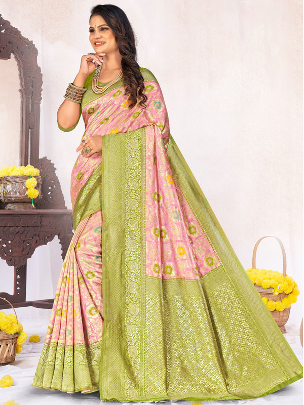 Baby Pink & Green Banaras Silk Saree Allover jacquard weaving flower jaal