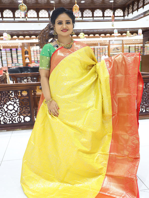 CSM-18532 | Mango Yellow & Red Kanchi Kalakshetra Pattu  Saree