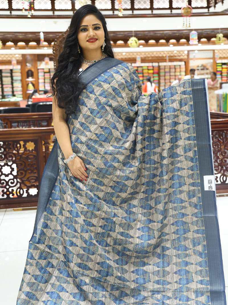 CSM-18229 | Beige & Peacock Blue Dola Silk  Saree