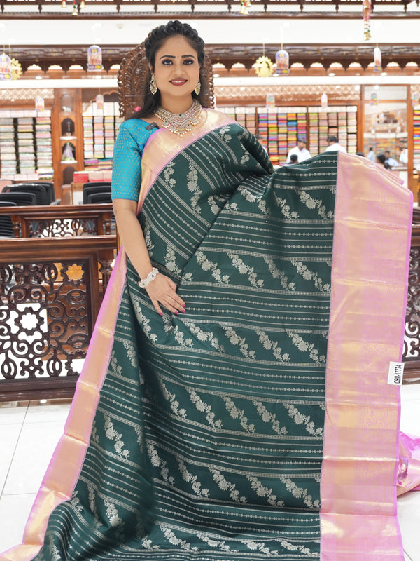 CSM-17774 | Bottle Green & Pink Pure Kanchi Pattu Saree