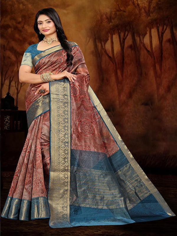 Onion Pink & Peacock Blue Organza Saree