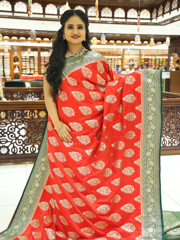 CSM-17922 | Red & Bottle Green Banaras Soft Satin Saree