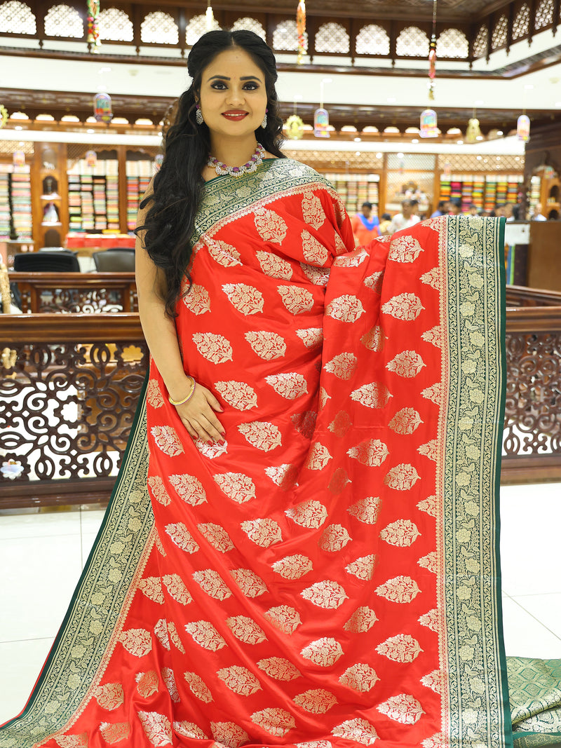 CSM-17922 | Red & Bottle Green Banaras Soft Satin Saree