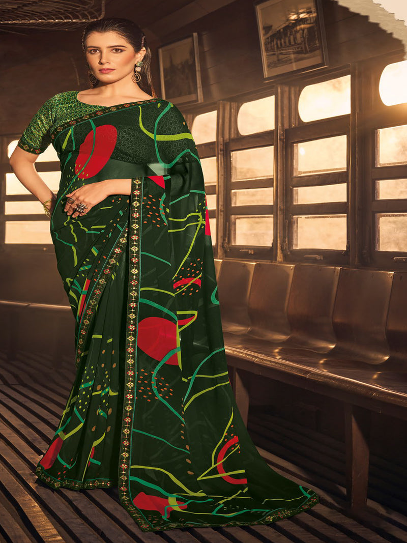 Bottle Green Georgette Saree | BUY 1 GET 1 FREE