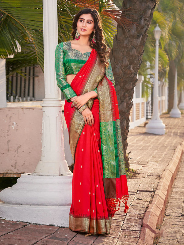 Red & Green Soft Banaras Silk Saree