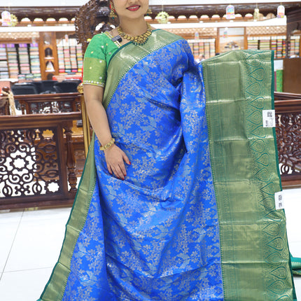 CSM-18529 | Tiffany Blue & Green Kanchi Kalakshetra Pattu  Saree