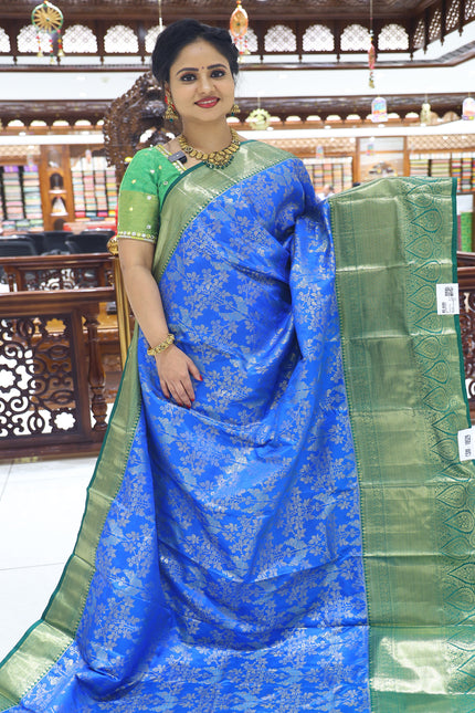 CSM-18529 | Tiffany Blue & Green Kanchi Kalakshetra Pattu  Saree