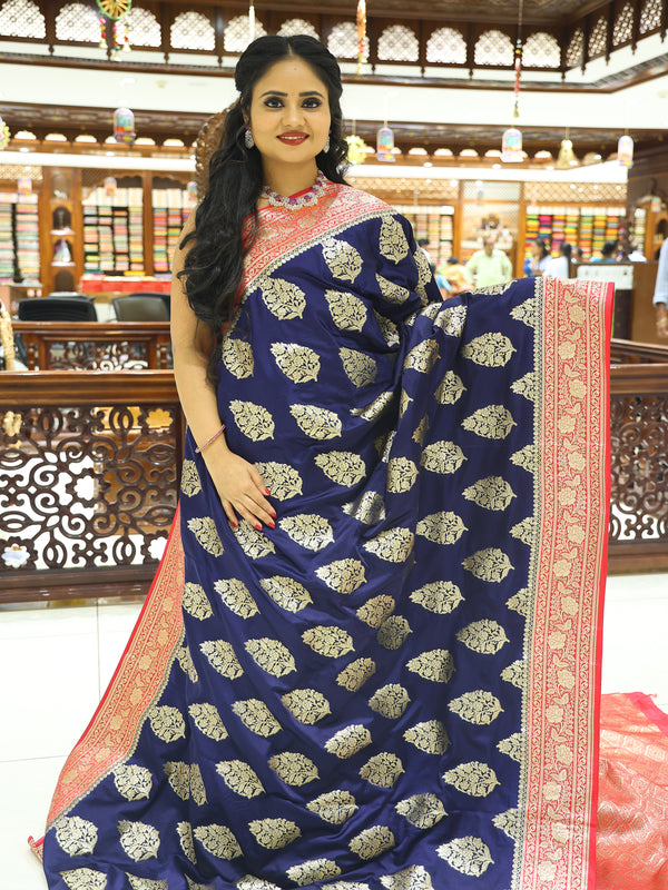 CSM-17923 | Navy & Pink Banaras Soft Satin Saree