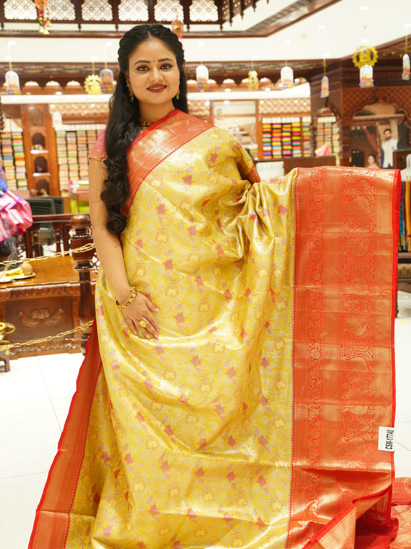 CSM-17740 |MUSTARD & RED Kanchi Tissue Pattu Saree