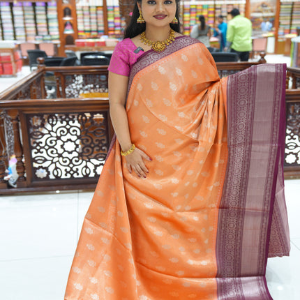 CSM-18759 | Coral & Wine Banaras Tissue  Saree