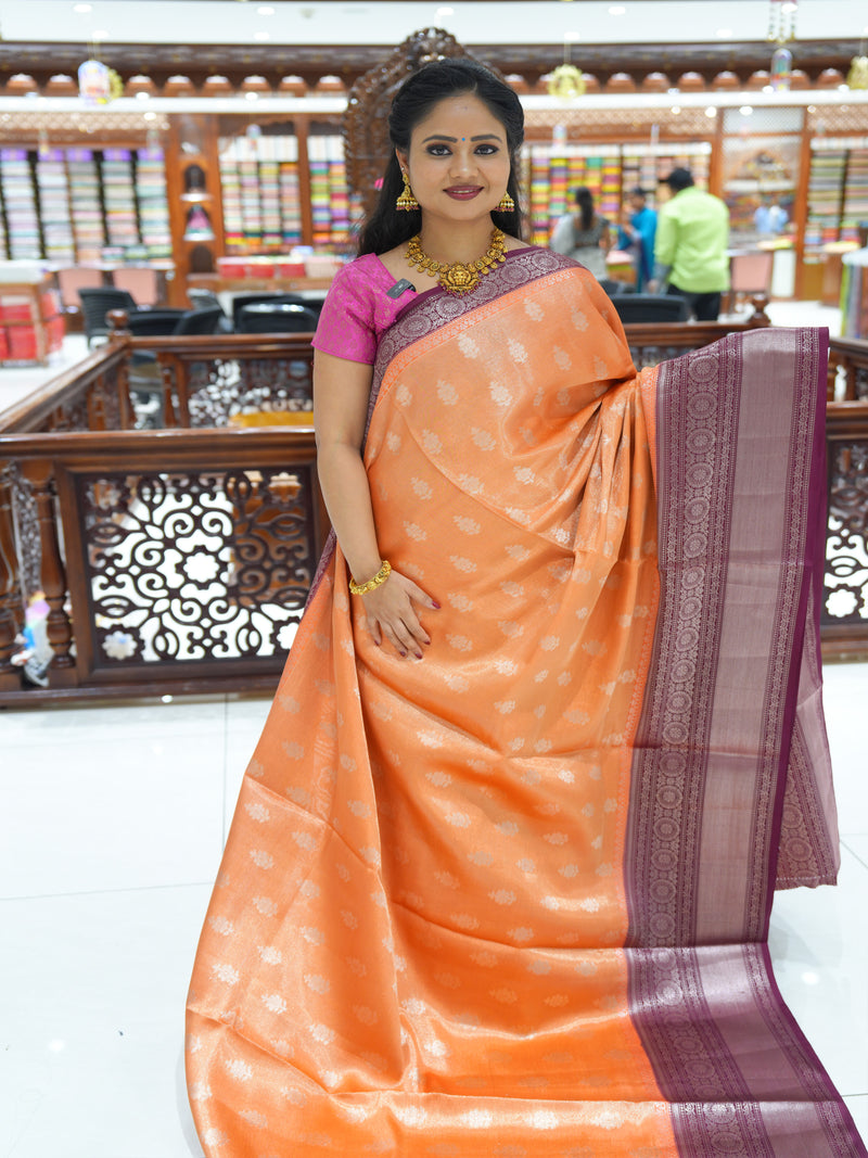 CSM-18759 | Coral & Wine Banaras Tissue  Saree