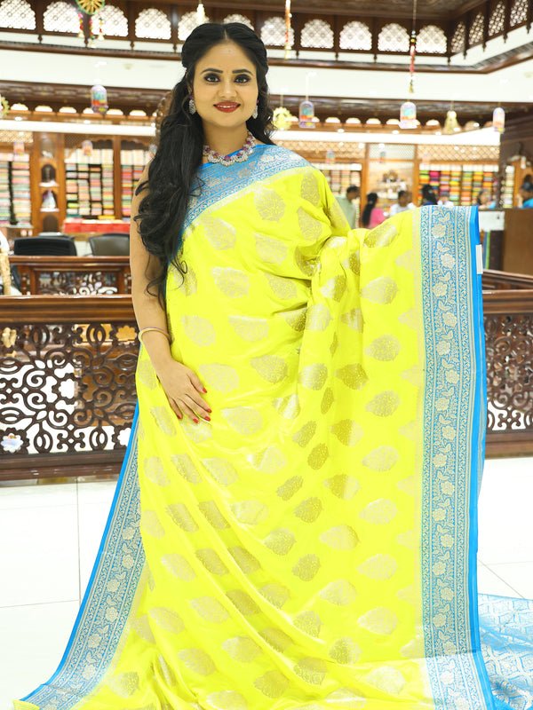 CSM-17924 | Lemon Yellow & Tiffany Blue  Banaras Soft Satin Saree