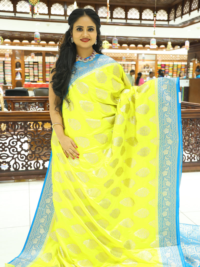 CSM-17924 | Lemon Yellow & Tiffany Blue  Banaras Soft Satin Saree