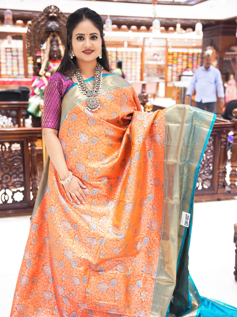 CSM-18027 | Orange & Rama Green Kanchi Pattu Saree