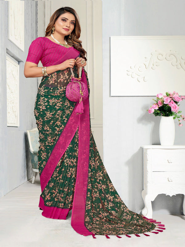 Bottle Green & Rani Pink Georgette Saree