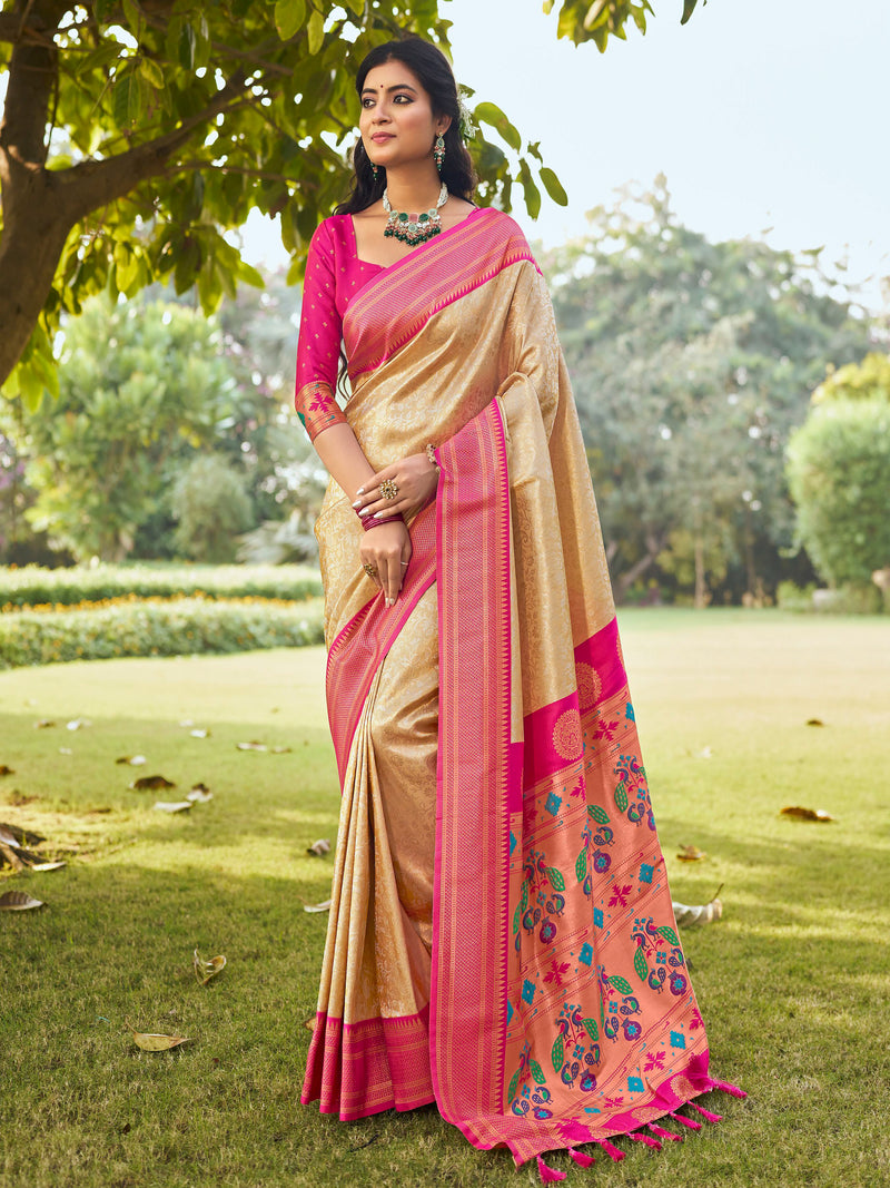 Green & Rani Pink Banaras Tissue Saree