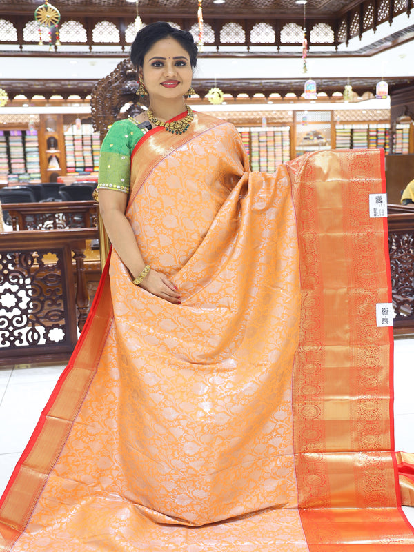 CSM-18525 | Peach & Red Kanchi Kalakshetra Pattu Saree