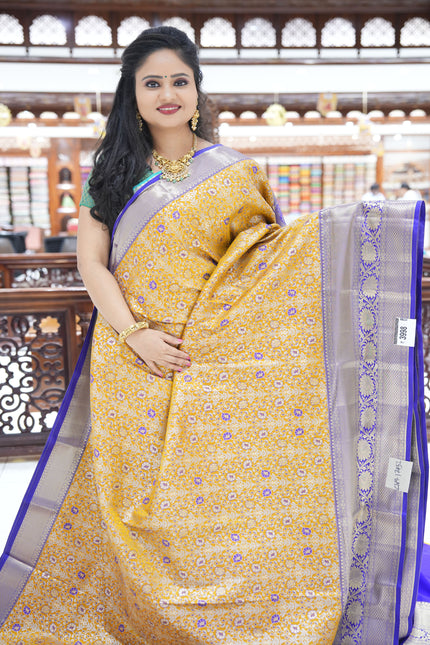 CSM-17452 | Mustard Yellow & Navy Kanchi Kalakshetra pattu Saree