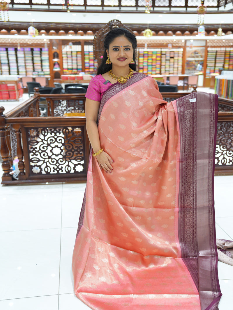 CSM-18757 | Peach & Wine Banaras Tissue Saree