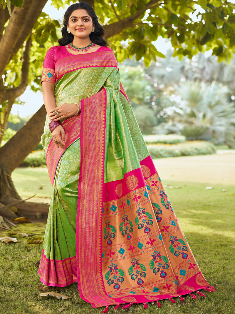 Green & Rani Pink Banaras Tissue Saree