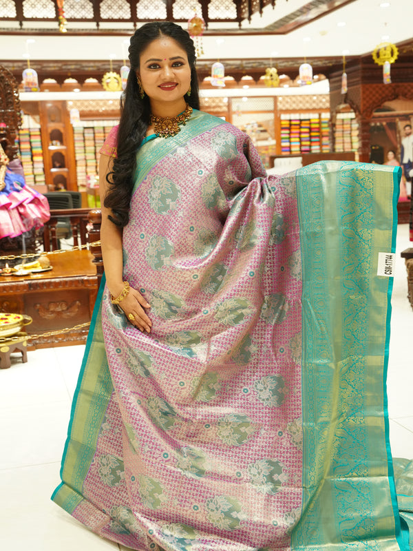 CSM-17744 | Onion Pink & Rama Green Kanchi Tissue Pattu Saree