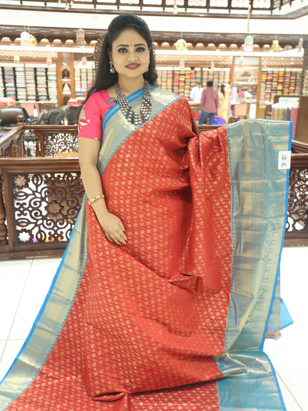 CSM-18377 | Red & Light Blue Kanchi Pattu Saree