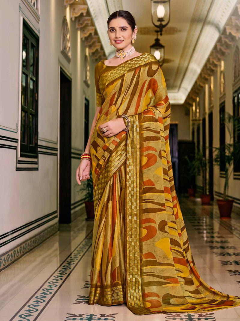 CREAM & BROWN Chiffon Brasso saree