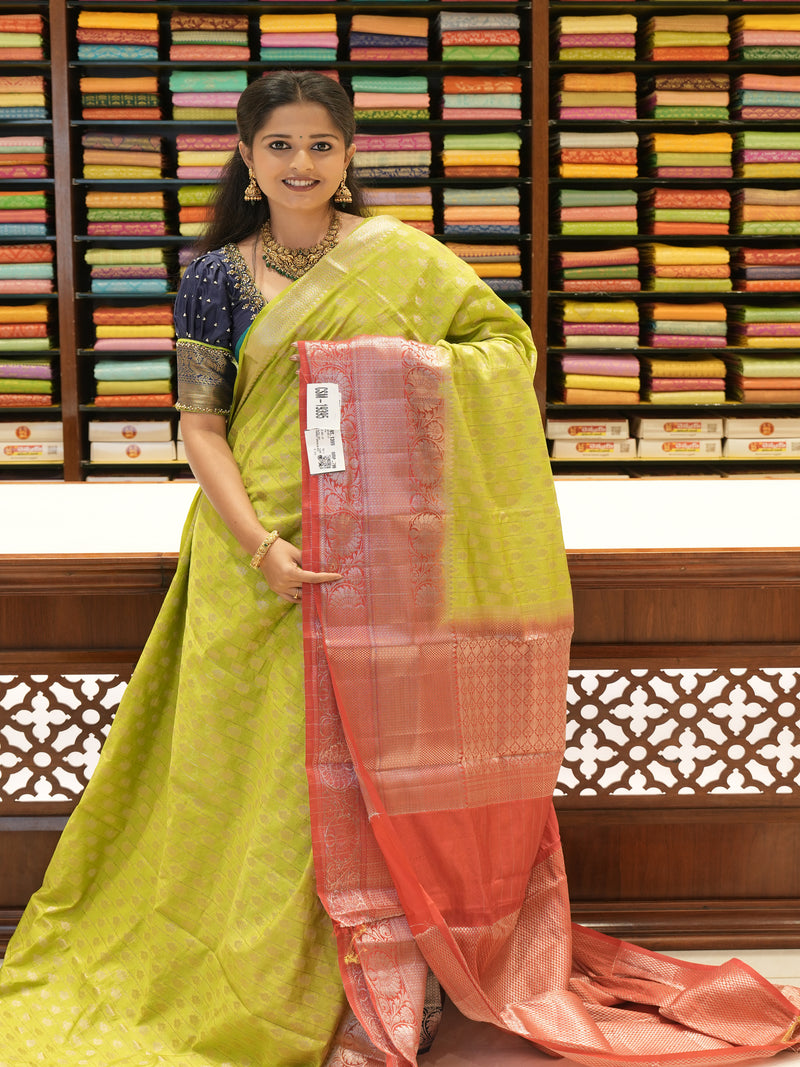 CSM-19395 | Parrot Green & Red  Munga Silk Saree