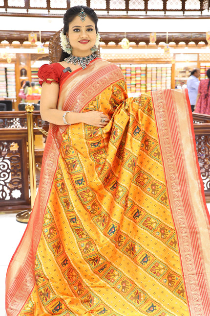 CSM-17348 | Mustard & Red Banaras Katan Pattu Saree