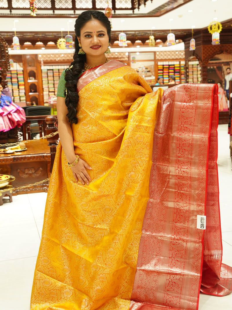 CSM-17751 | Mustard & Red Pure Kanchi Padiya Pattu Saree