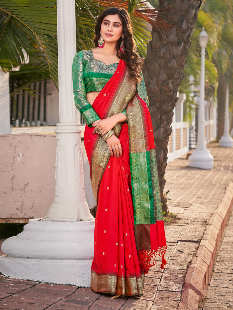 Red & Green Soft Silk Saree