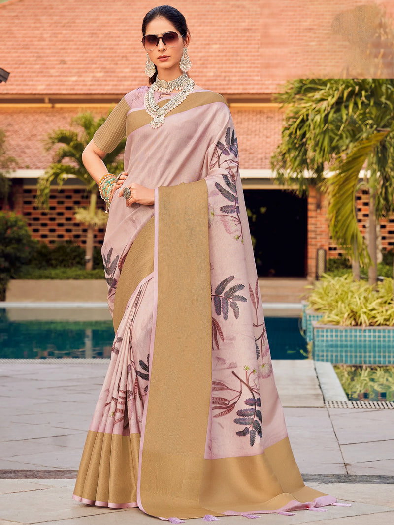 Onion Pink Dola silk saree with allover floral print with  golden tissue border