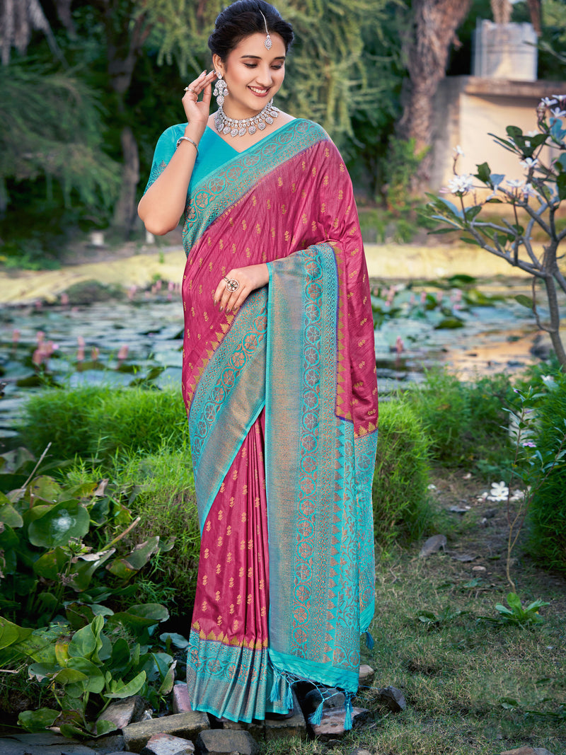 Onion Pink & Turquoise Blue Banaras Silk Saree