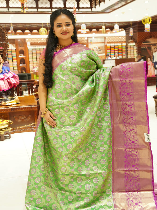 CSM-17746 | Light Green & Purple Kanchi Tissue Pattu Saree