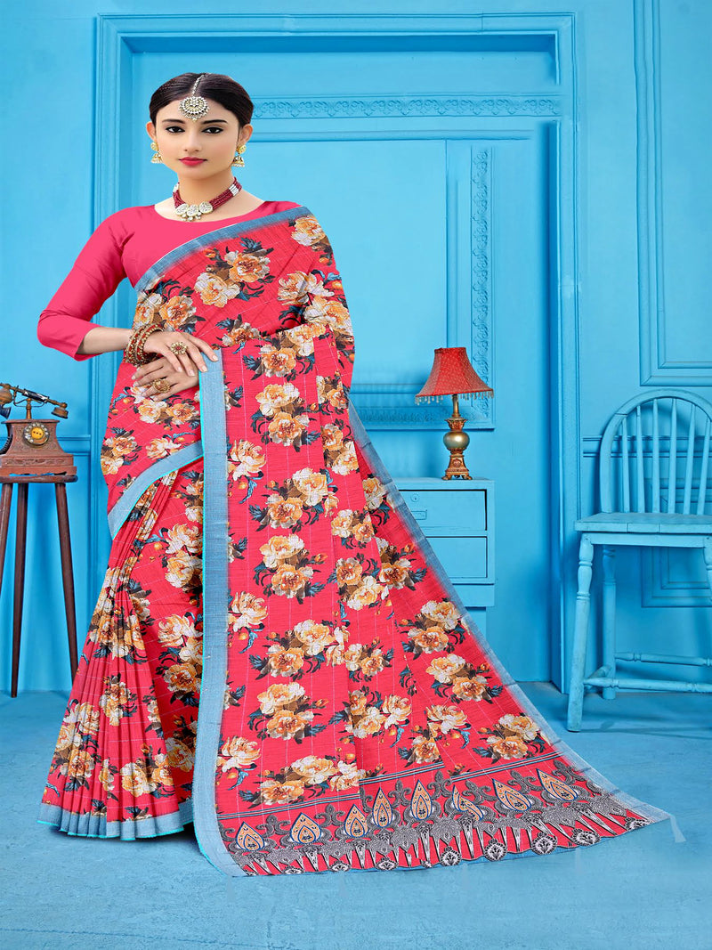 Coral   Cotton Linen saree  | BUY 1 GET 1 FREE