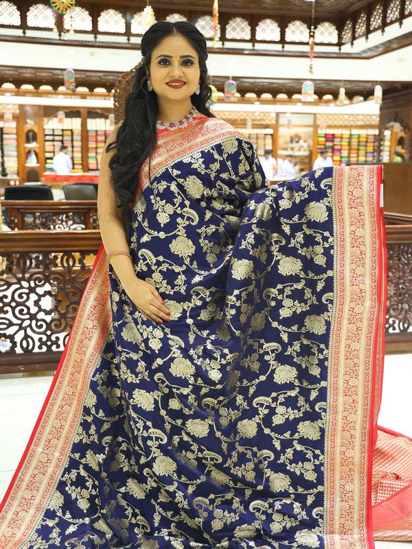 CSM-17930 | Navy & Red Banaras Soft Satin Saree