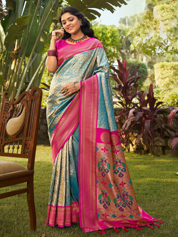 Green & Rani Pink Banaras Tissue Saree