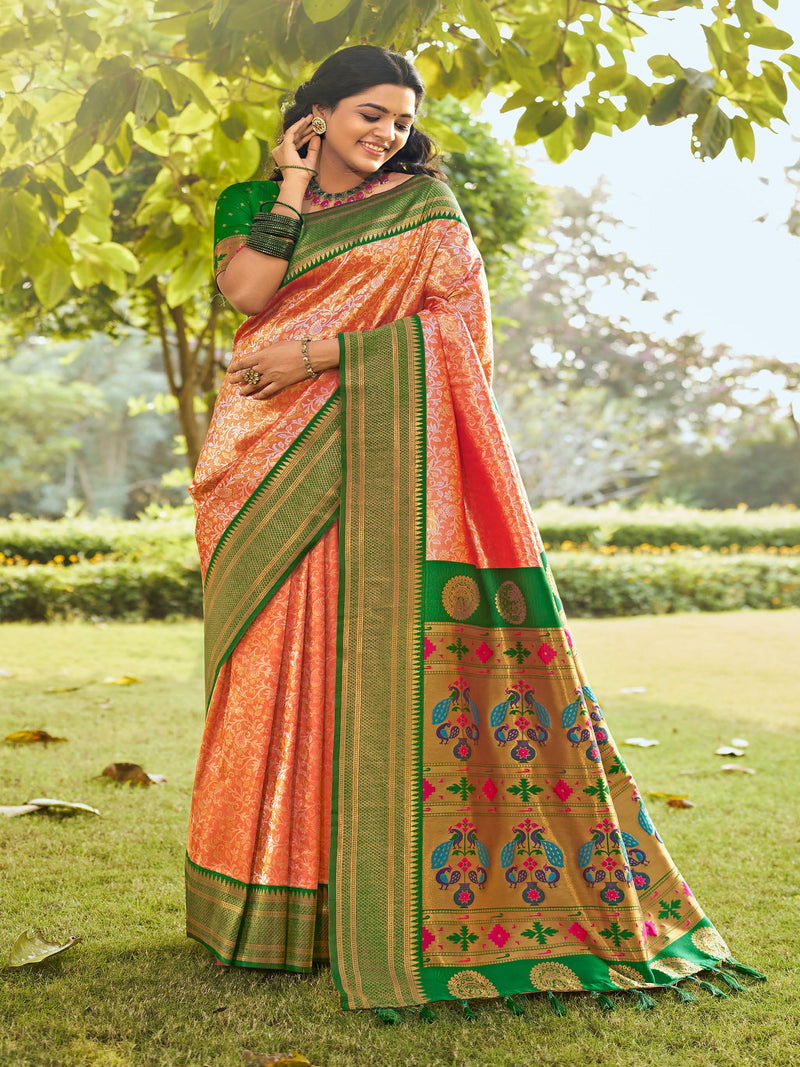 Green & Rani Pink Banaras Tissue Saree