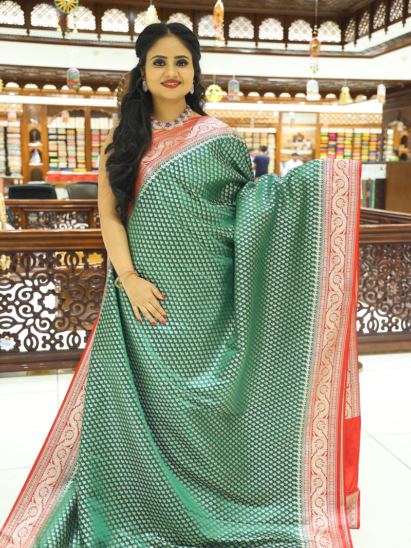 CSM-17931 | Bottle Green & Red Banaras Soft Satin Saree