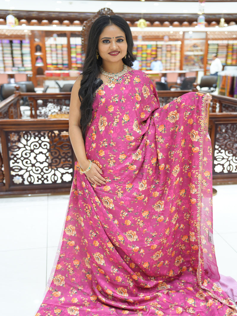 CSM-18755 | Magenta Satin Crepe Floral Digital Print Saree