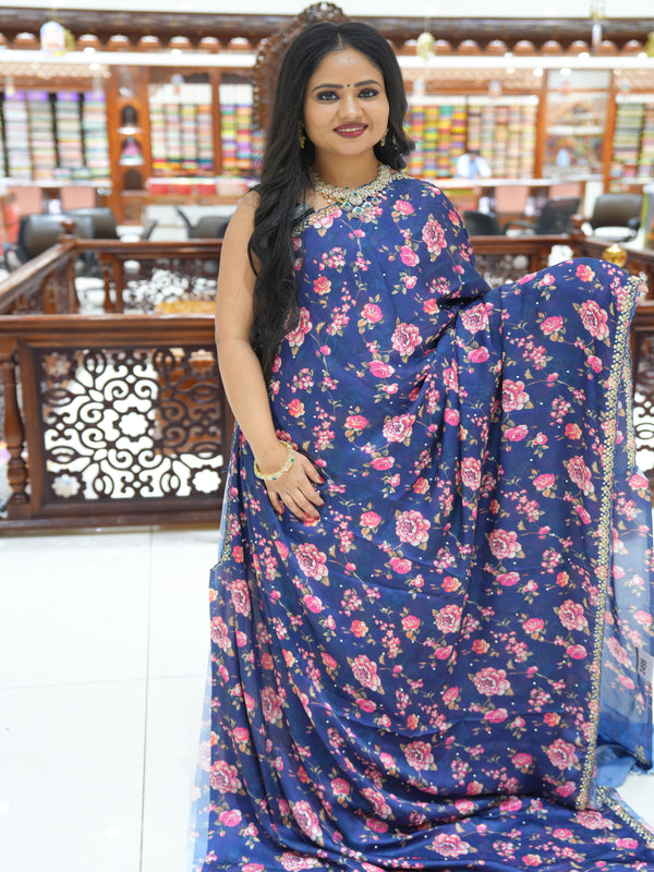 CSM-18754 | Navy Satin Crepe Floral Digital Print Saree