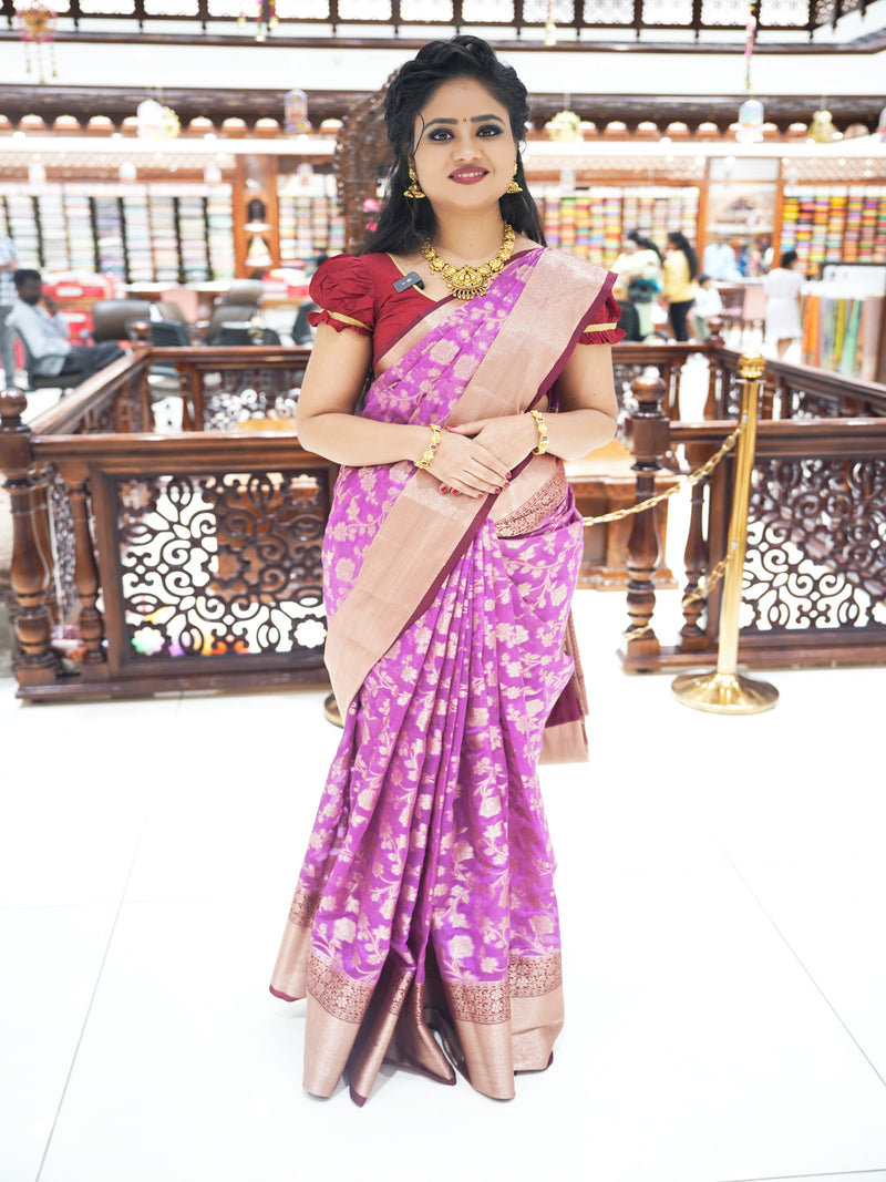 CSM-18325 | Light Purple & Maroon Banaras Chanderi Silk Saree