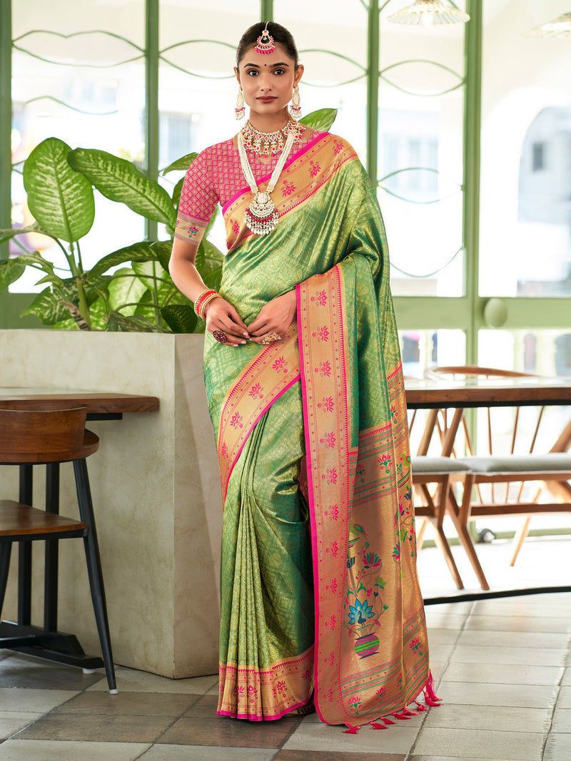 Yellow & Rose Pink Banaras Tissue saree