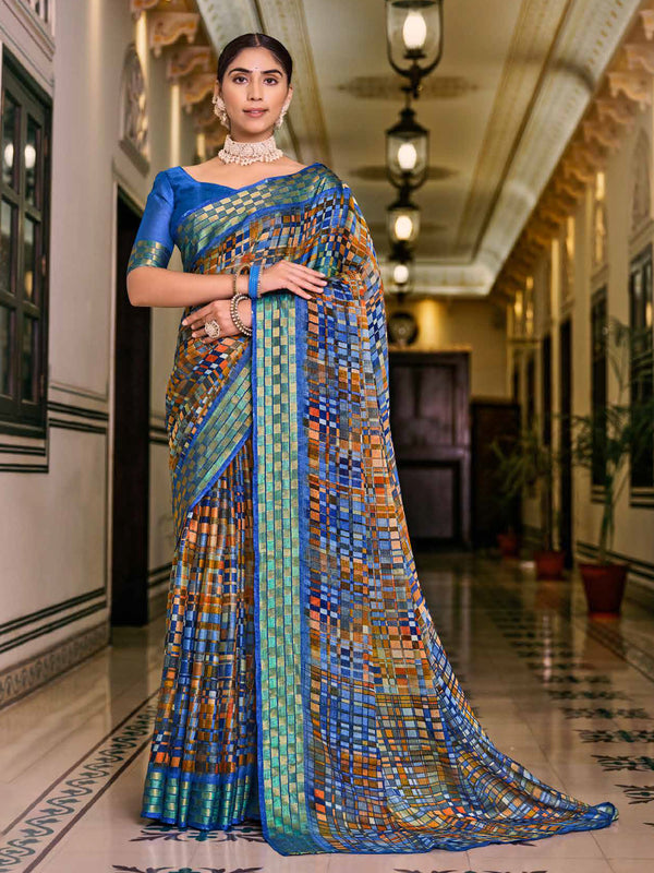 Multi & Light Blue Chiffon Brasso Saree