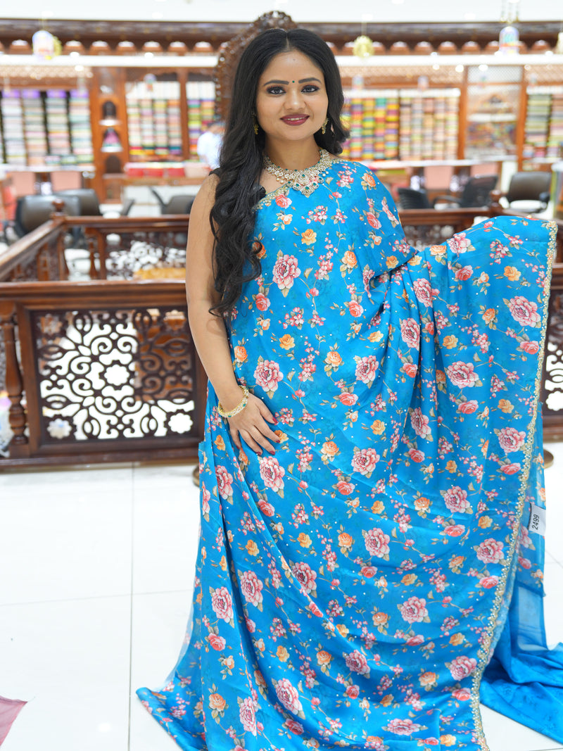 CSM-18753 | Tiffany Blue Satin Crepe Floral Digital Print Saree