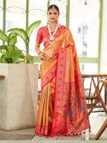 Yellow & Rose Pink Banaras Tissue saree