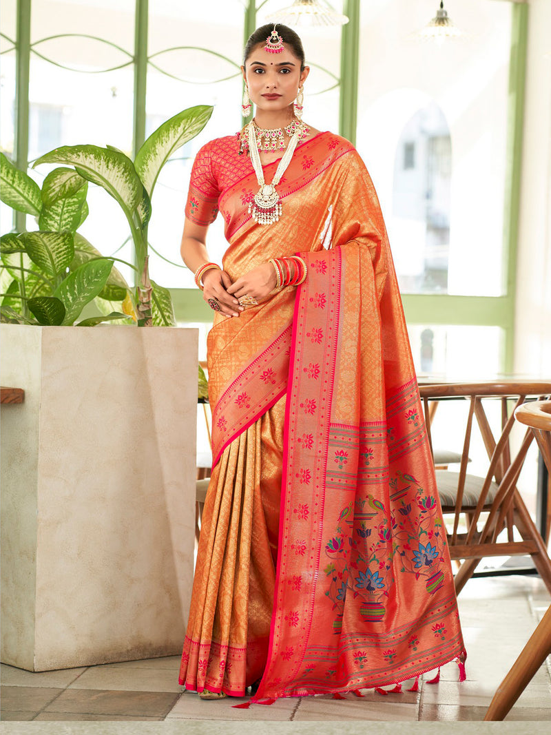 Yellow & Rose Pink Banaras Tissue saree