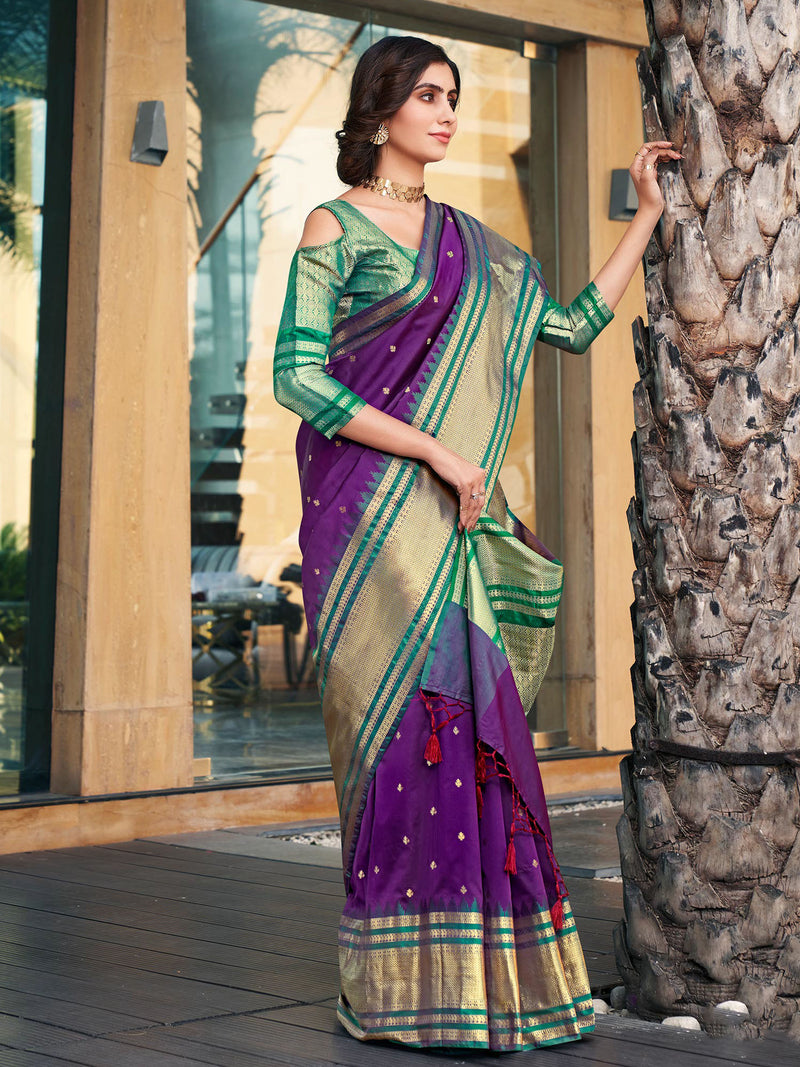 Purple & Bottle Green Soft Silk Saree